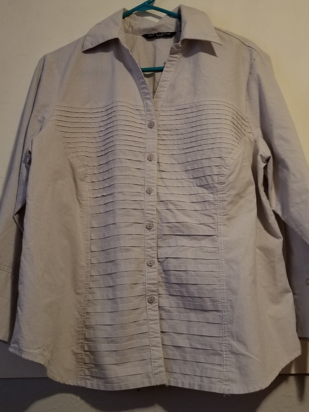 Zac & Rachel 1X Gray & White Striped Button-Down Shirt with Pleated Front